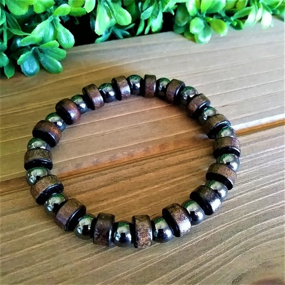 New Men's Wood & Hematite Beaded Bracelet - Picture 4 of 4